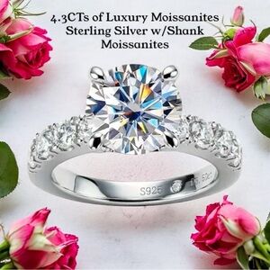 Brilliant 4.3CTs Moissanite Sterling Silver Ring with Shank Accents